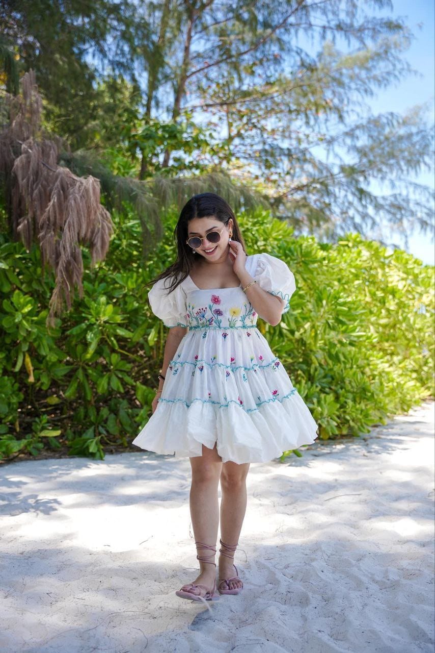 White Embroidered Puff Sleeve Dress